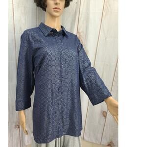 NWT Coldwater Creek Women 2X Blue Eyelet Tunic Top Pullover 1/2 Button 100% Cott